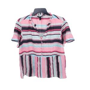 Lane Bryant Blouse Womens 22 Short Sleeve V Neck Button Striped Top Rayon Plus